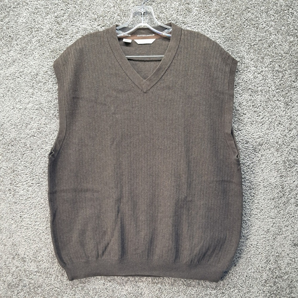 Cutter & Buck Mens XL Brown Ribbed V-Neck Sweater Vest 100% Cotton